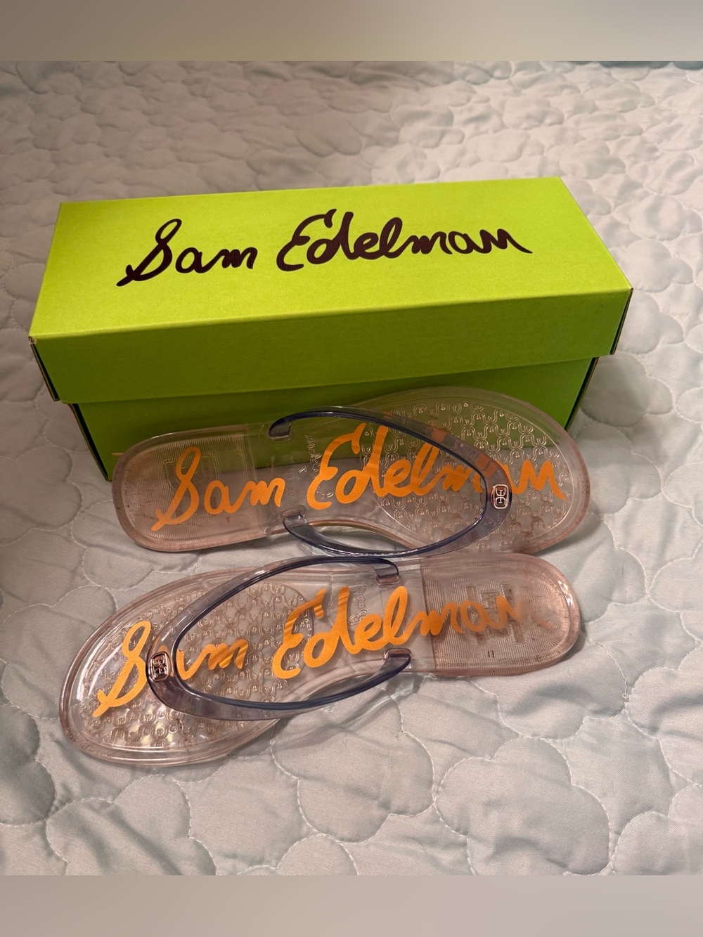 Sam Edelman Clear Flip Flops with Gold Logo